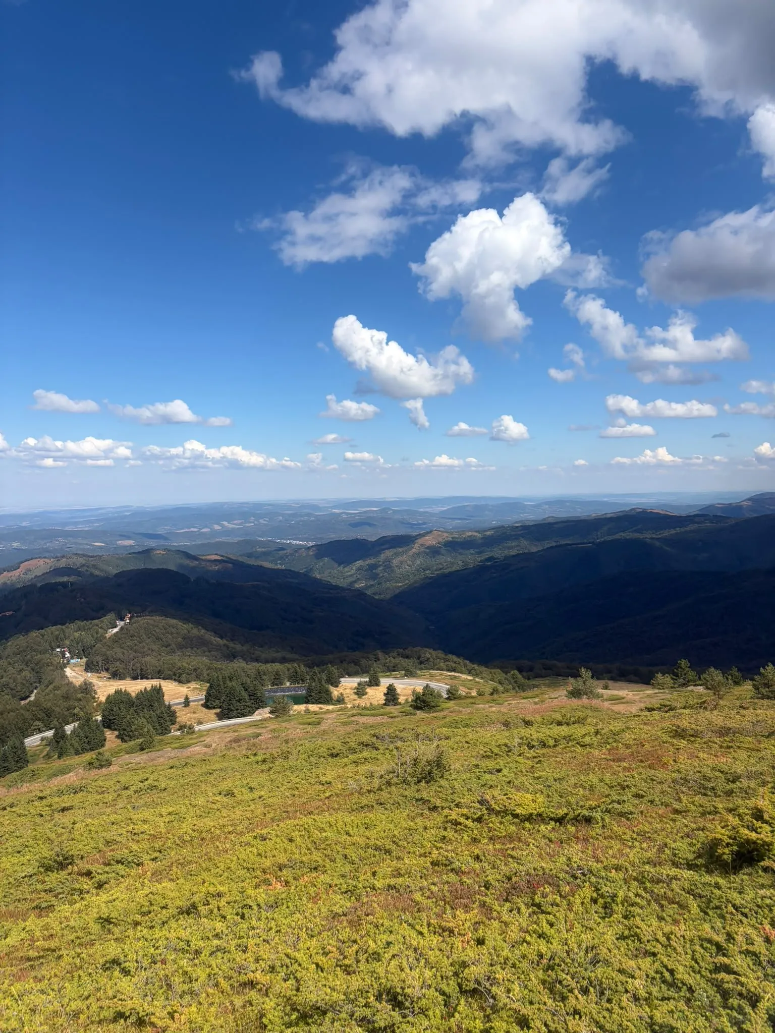 View from a high meadow over forested valleys to distant mountains