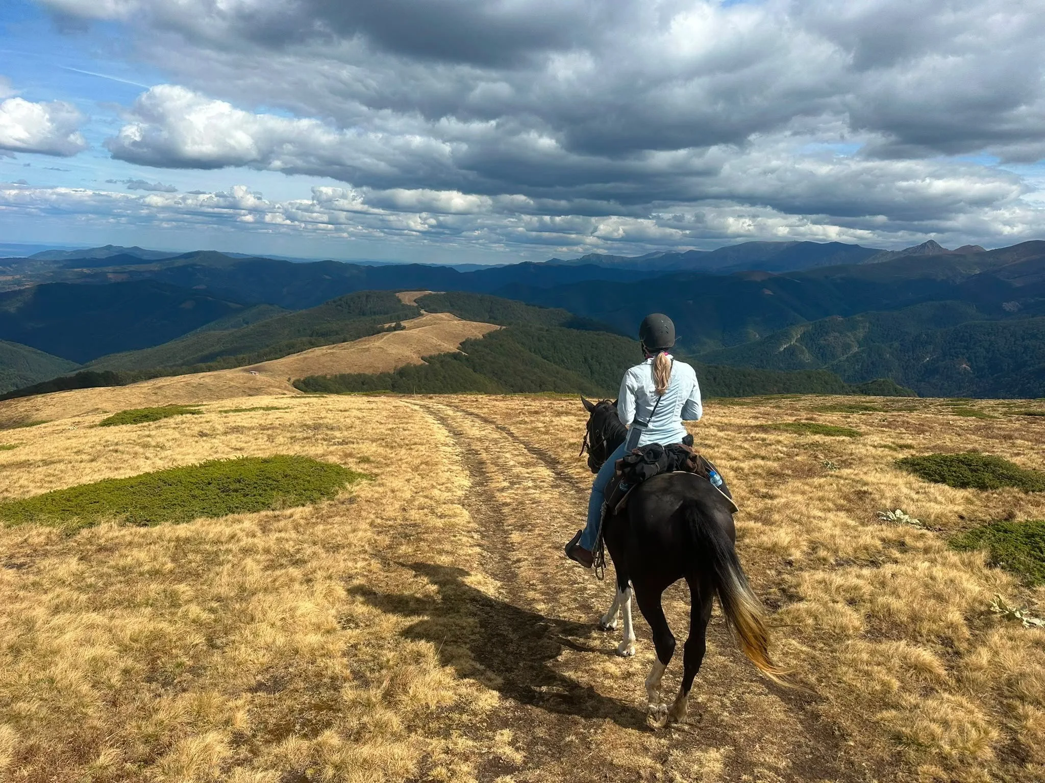 Rider in a helmet on a dark horse following a golden ridge, with the Central Balkan mountains ahead