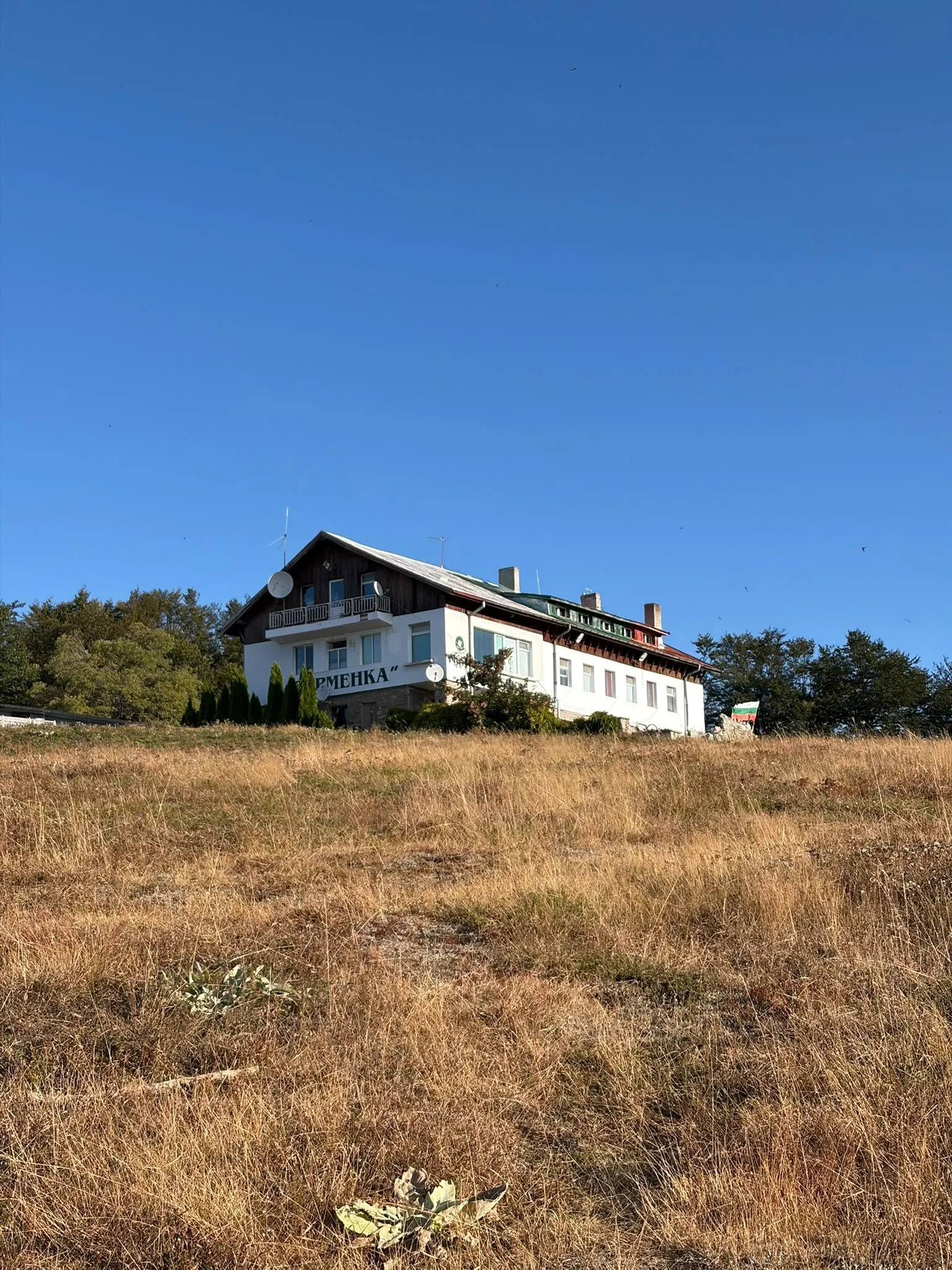 A white mountain lodge at the edge of a golden meadow
